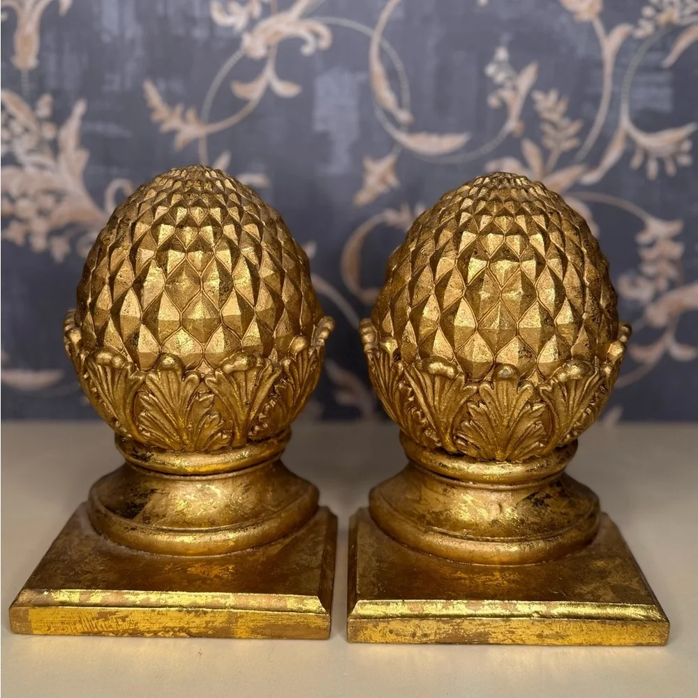 Vintage Estate Wooden Pinecone Bookends Pair | Heavy Solid Wood Gold Finish